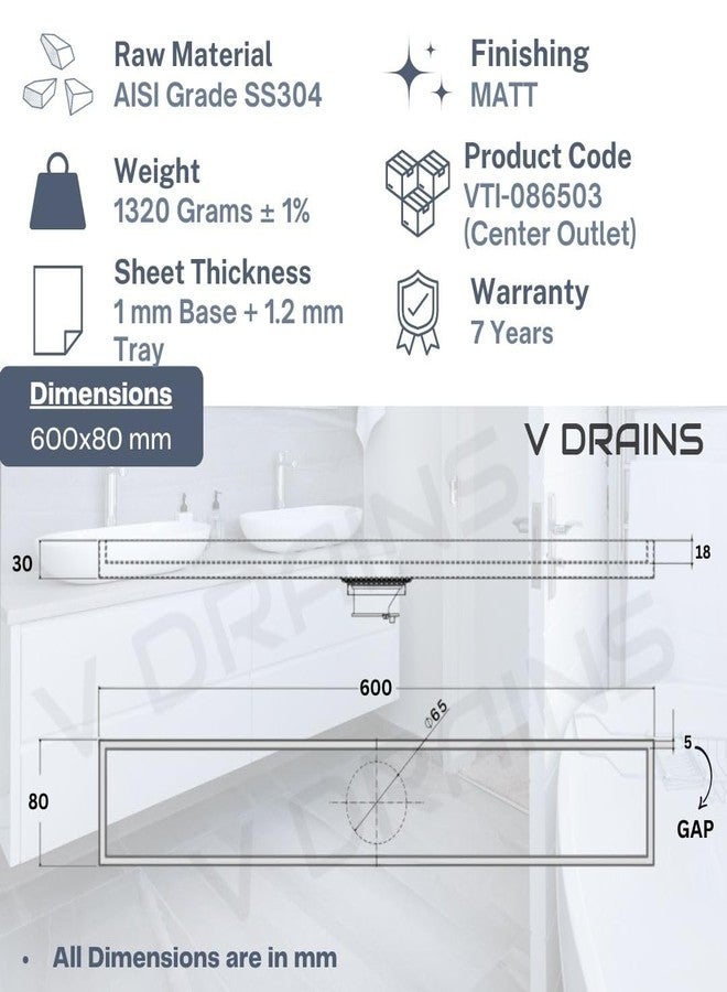 V DRAINS 600x80 mm Tile Marble Insert Floor Shower Drain Channel | Linear (Long) Drain for Bathrooms Floor, Terraces, Balconies of (SS AISI 304 18/8) with Cockroach Trap | Center Outlet (24x3 inches) - Image 2